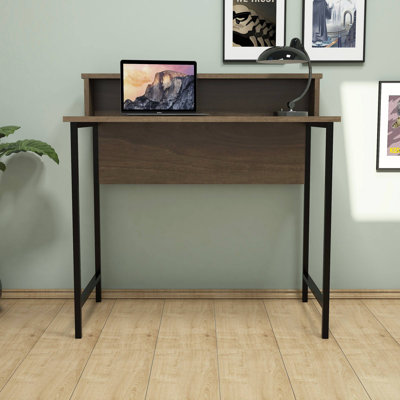 Bureau polyvalent avec structure en métal, couleur noyer et noir, 35,4 x 29,5 x 19,7 pouces | 100% panneau de particules enduit de mélamine, épaisseur: 0,7 pouce | Tablette supérieure: 35,4 po x 5,5 po | Design industriel élégant, rangement supplémentaire