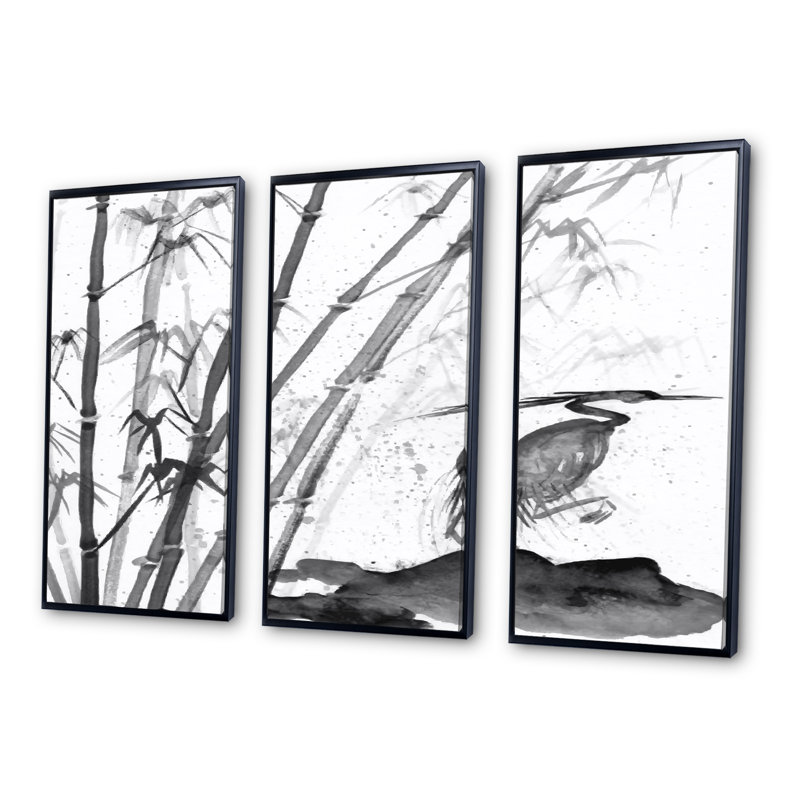 Monon héron et bambou - ensemble de 3 impressions sur toile flottante, H 28 po x l 36 po x P 1 po, Cadre noir