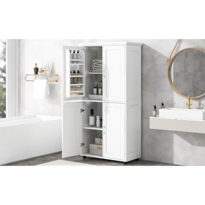 Tall Bathroom Floor Cabinet With Tipping Device, 4 Door Storage Unit, Adjustable Shelves In White Doors And Shelves, - Your Is Organized Functional