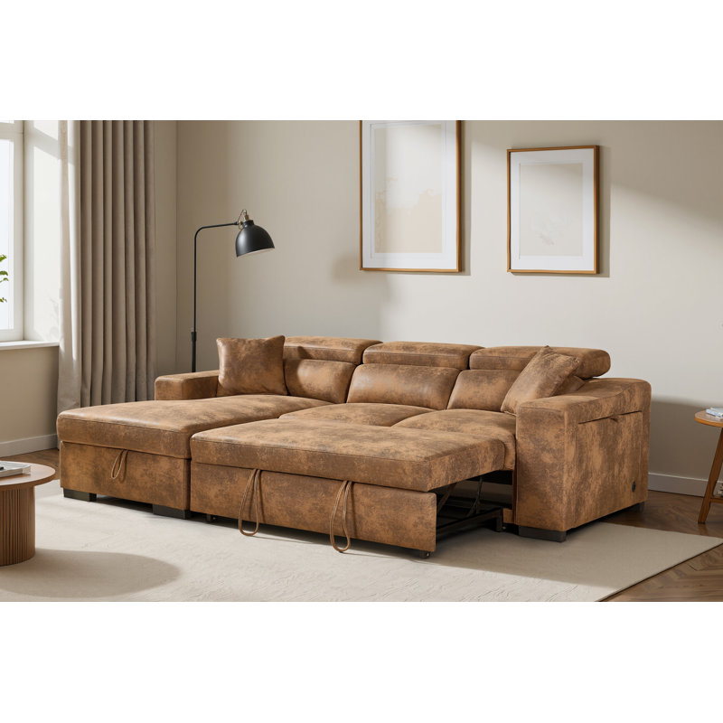 4 Seater Sofa Bed, Brown Microfiber / Microsuede, Left Hand Facing