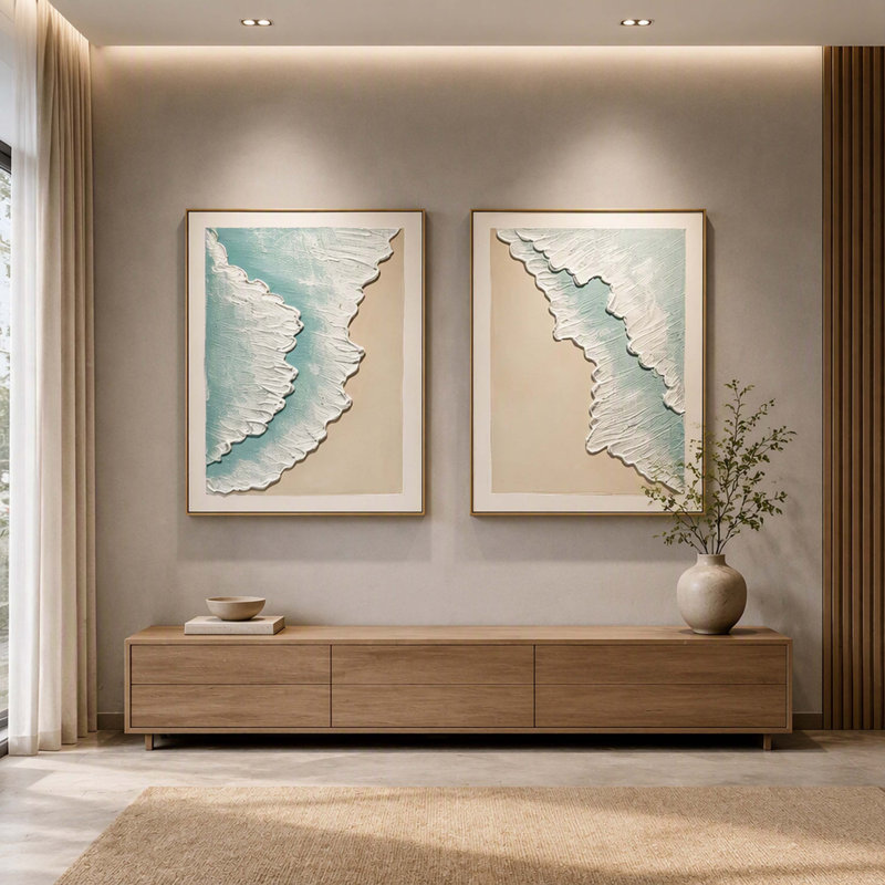 Ensemble de 2 peintures murales encadrées, "Coastal Ocean Wave", empâtement de plage texturé 3D avec cadre en bois