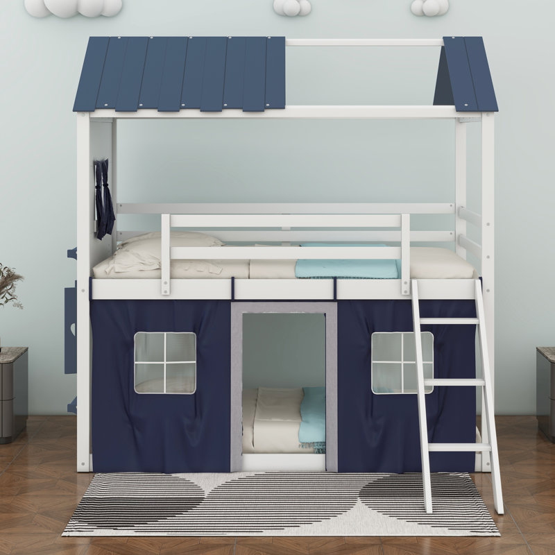 Lit simple superposé en bois avec fenêtres, rebords et tente, Bleu / blanc