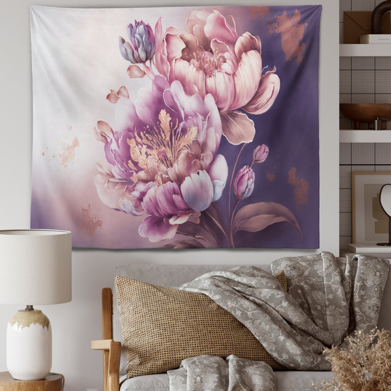 Tapisserie en polyester rose et lys péruvien doré II, H 50 po x l 60 po