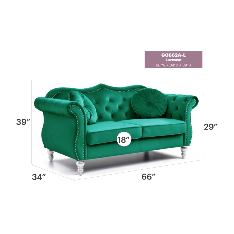 Clouser 67'' Velvet Round Arms CAL117 Compliant Loveseat, Green