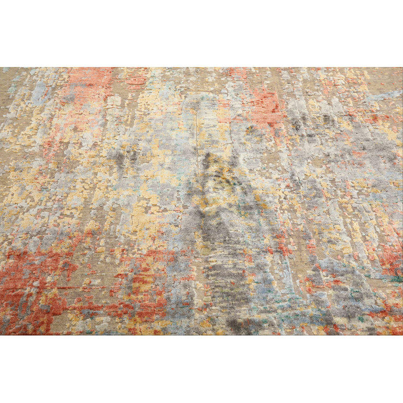 Tapis moderne texturé beige corail 2,64 m x 3,61 m, en laine, bambou et soie, noué à la main