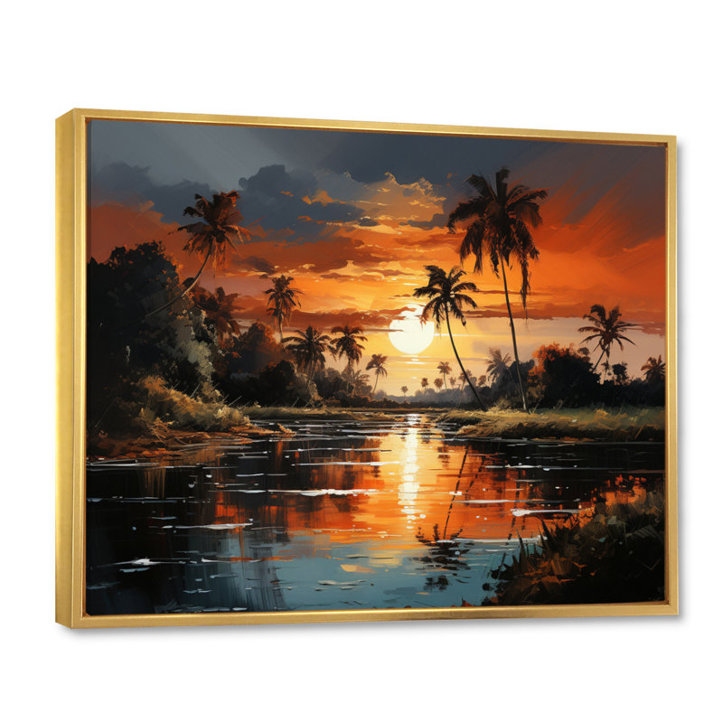 Dominicain Sunset Reflections - reproduction sur toile, H 24 po x l 32 po x P 1 po, Cadre flottant doré