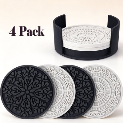 Boho Silicone Coaster Set, 8 Pack Grooved Drink Coasters with Holder, Heat Resistant for Indoor & Outdoor Table Decor