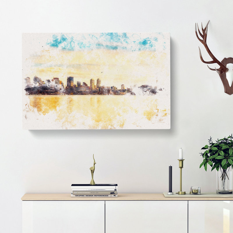 Reflection of the Seattle Skyline Watercolour - Wrapped Canvas, 35cm H x 50cm W x 3cm D