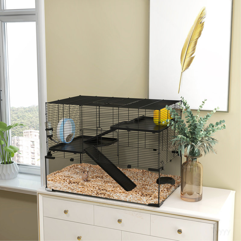 Cage à hamster PawHut, cage à gerbille de 31 po avec bassin en verre, rampes, plateformes, cabane, roue d'exercice, pour petits hamsters, noir