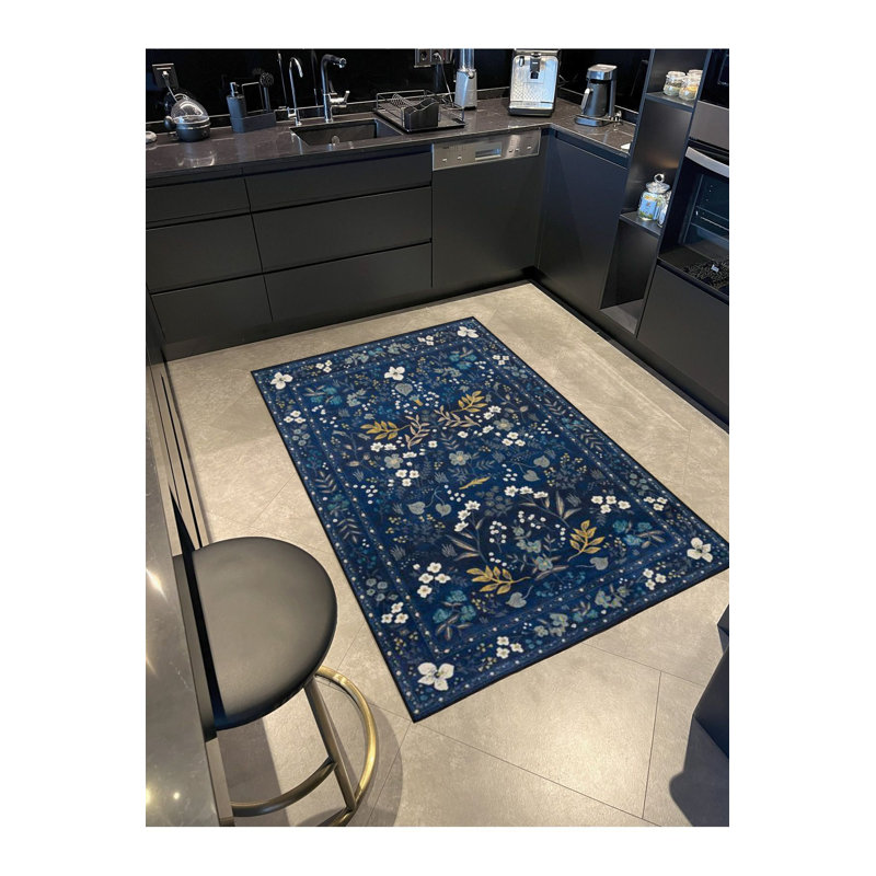 Tapis décoratif moderne à motif géométrique floral bleu marine, Sous-tapis carré 3 pi 3 po inclus