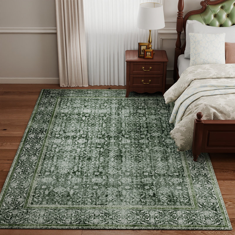 5x7 ft Dark Green Floral Area Rugs for Living Room, Washable Printed Vintage Floral Rug for Living Room, Extra Large Area Rugs for Bedroom Low Pile Non Slip Rug for Home Decor Aesthetic