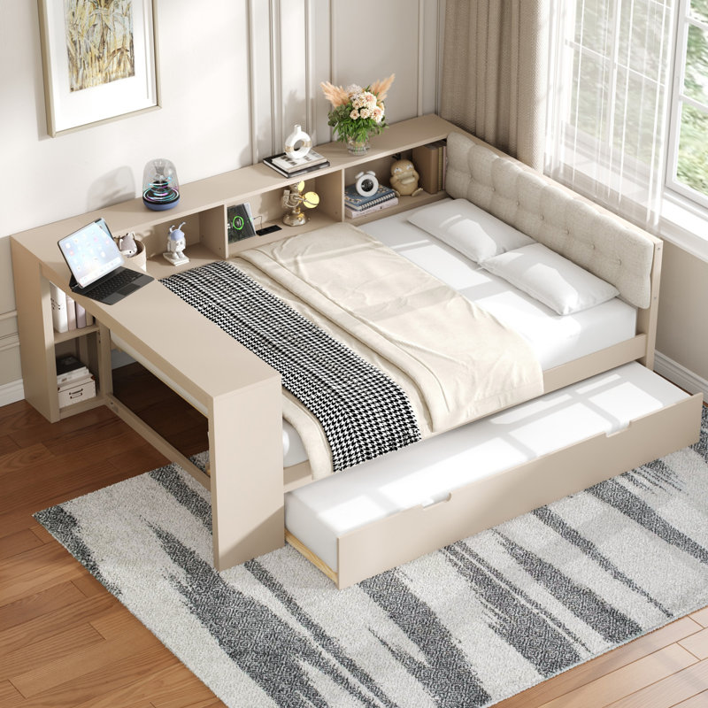 Lit plateforme en bois peu encombrant, finition crème, design moderne pour la maison