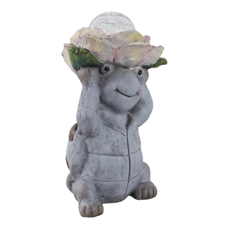 Garden Statuary Magnesia Turtle Design With Flower Cap And Crackled Glass Globe Light For Home Garden Use - 15" Gray