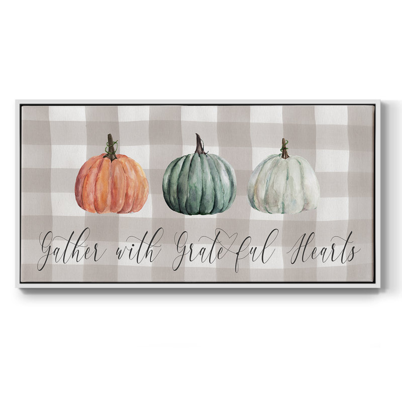 «Gather With Grateful Hearts», toile tendue avec châssis encadré, prête à être accrochée, H 21 po x l 41 po, Blanc
