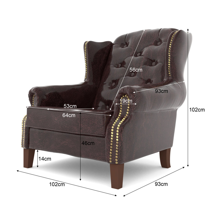 Chesterfield Wingback Armchair  with Quilting And Wooden Legs Made of Vegan Leather, Brown