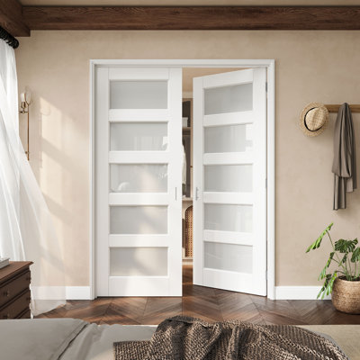 60" X 80" 5-Lite Frosted Glass French Door With Silver Hinges, Privacy Glass Door Slab With Frame, French Interior Door As Pantry Door, Bedroom Door, Laundry Door, Closet Doors, Room Doors, Ball Catch & Door Handle Included