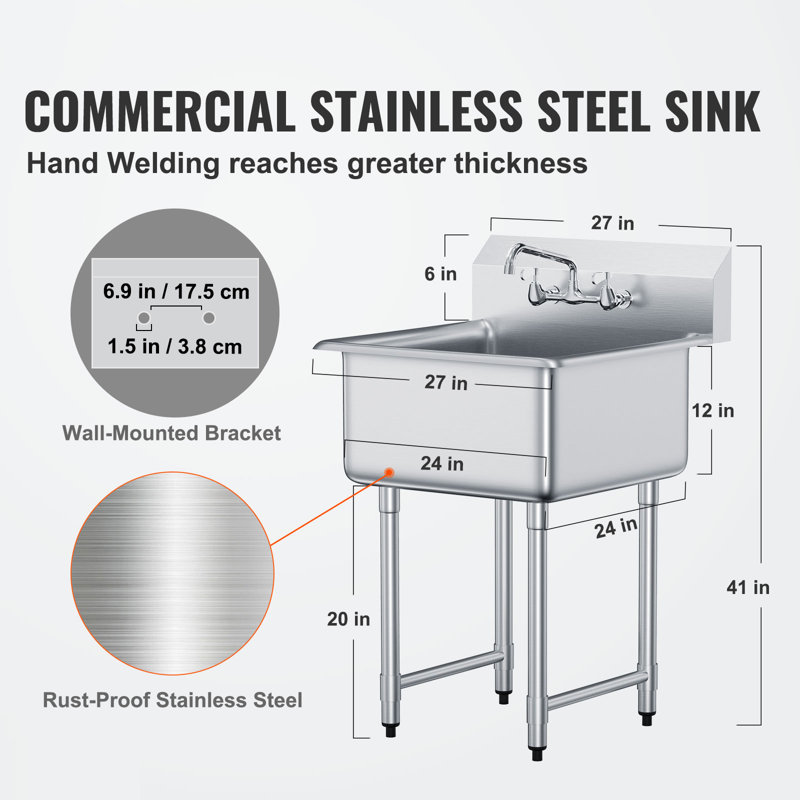 VEVOR 27'' L x 24'' W Silver Free Standing Service Sink with Faucet