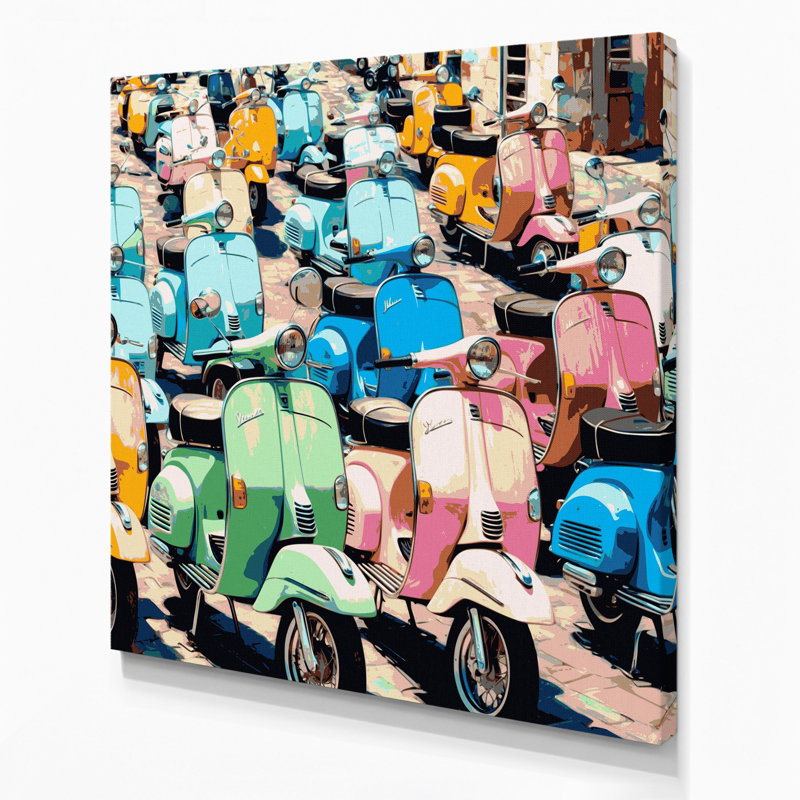 Transportation Scooter and moped illustrations Beige Canvas Wall Art, H 12 po x l 12 po