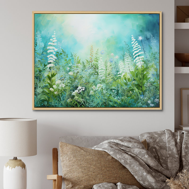 Fougères dans un champ de fleurs sauvages sur toile, Cadre naturel flottant, H 12 po x l 20 po x P 0,5 po