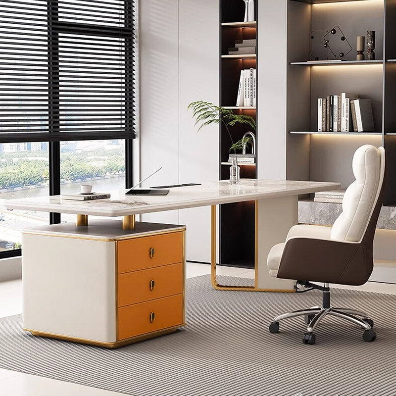 Light Luxury Desk Sintered Stone Desktop and Drawers, 29.53" H x 62.99" W x 27.56" D