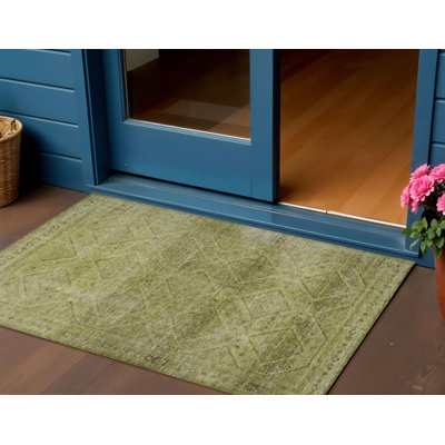 Tapis d'intérieur / extérieur géométrique lavable 3 pi x 5 pi vert et ivoire