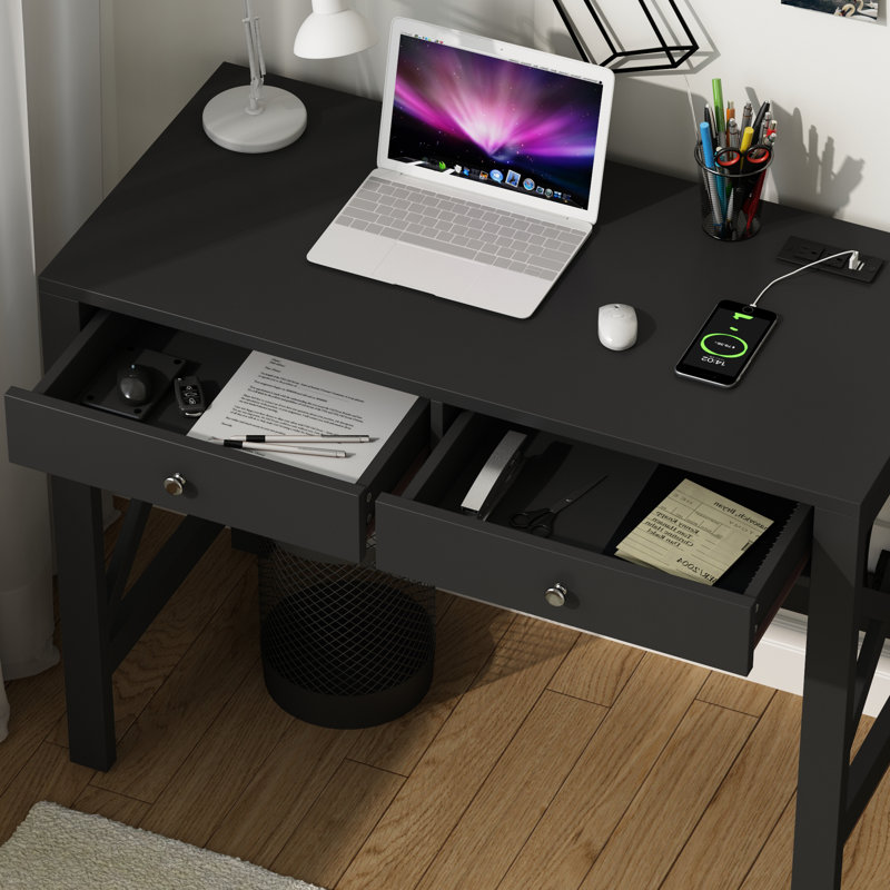 39.4" W Writing Desk with Drawers and Charging Station, Black