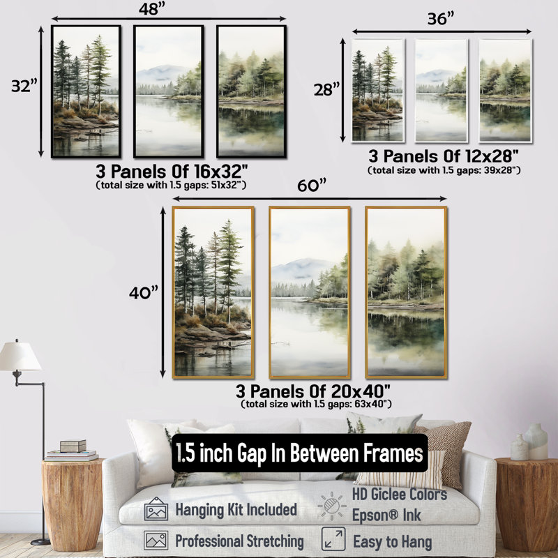 Scandinavian Lake Tranquility - River Wall Decor Set, 32" H x 48" W x 1" D, Maple Floater Framed