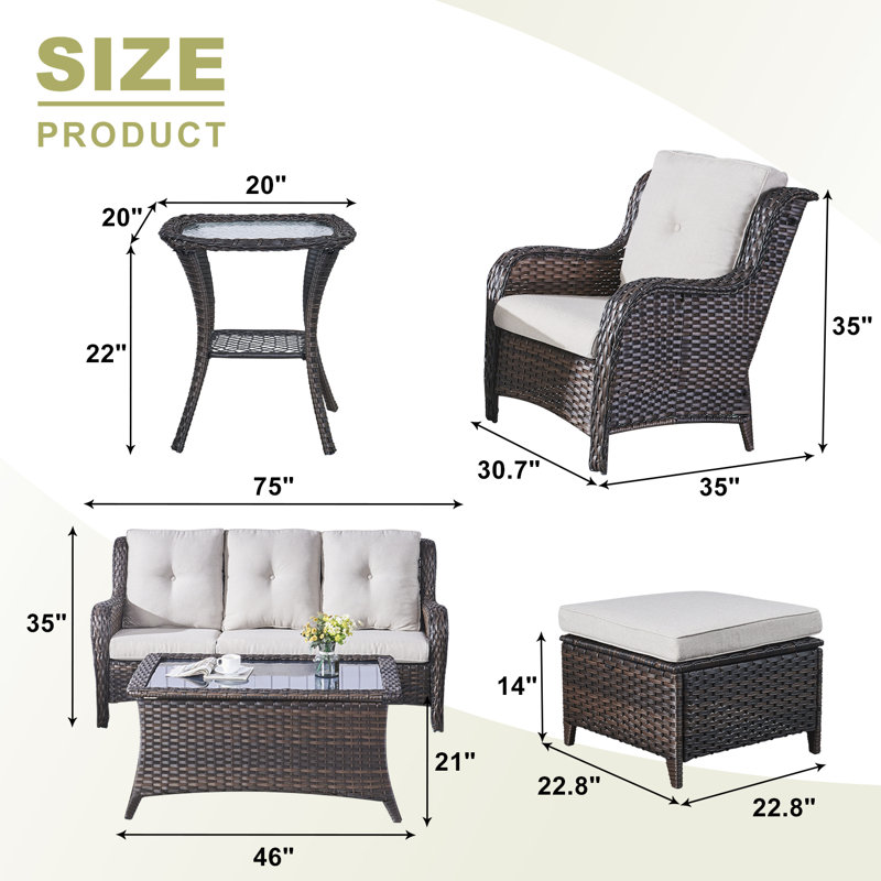 Bonia Wicker 5 - Person Patio Conversation Set with Cushions, Brown Frame/Beige Cushion 