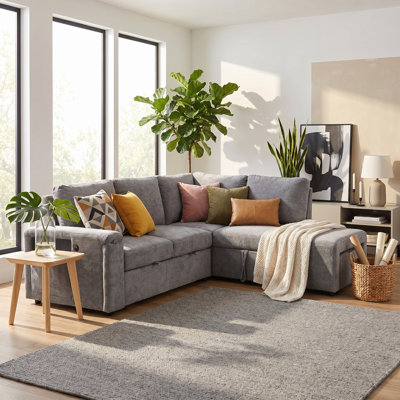 L-Shaped Pull-Out Sofa Bed with Storage, USB Ports & Cup Holders, Modular Polyester Couch for Living Room, Office & Apartment, 5-Seater Convertible Sleeper Sofa
