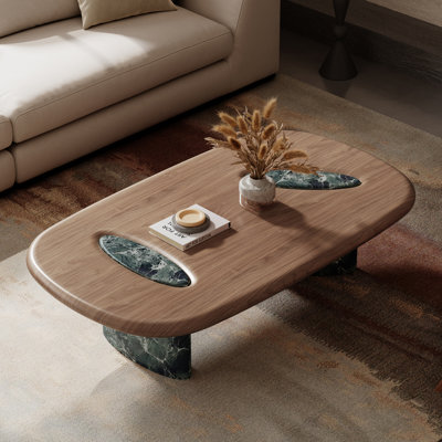 Modern Organic Oval Coffee Table with Faux Marble (Green Finish) Inlay & Base, Walnut Wood Finish, Living Room Centre Table
