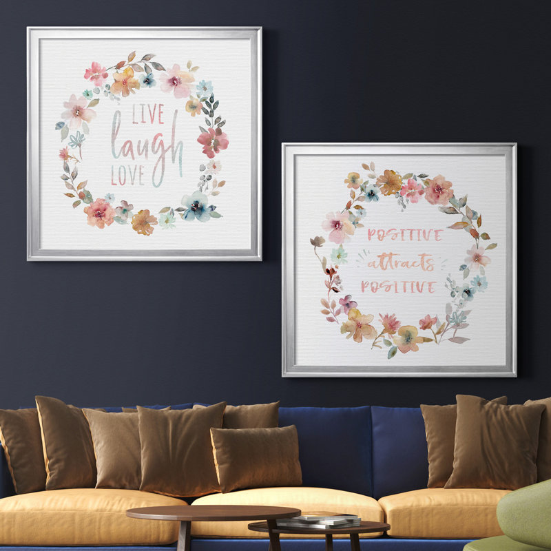 «Live Laugh Love», ensemble de 2 reproductions d'art textuel, H 34,5 po x l 69 po x P 1,5 po, Toile avec cadre argenté