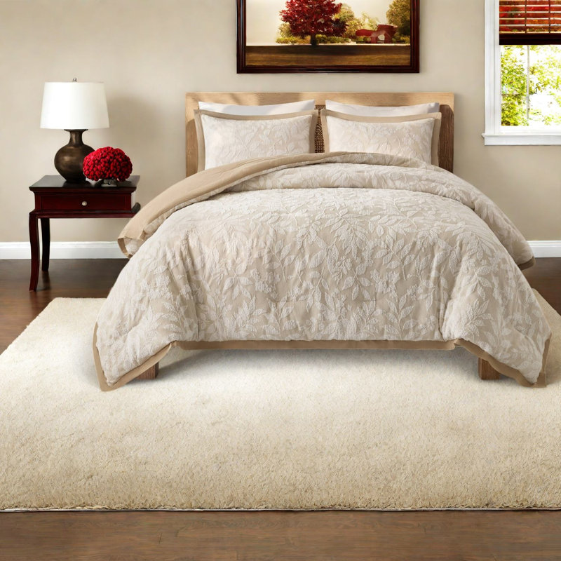 De literie en mélange de coton pour grand lit, édredon en jacquard botanique beige