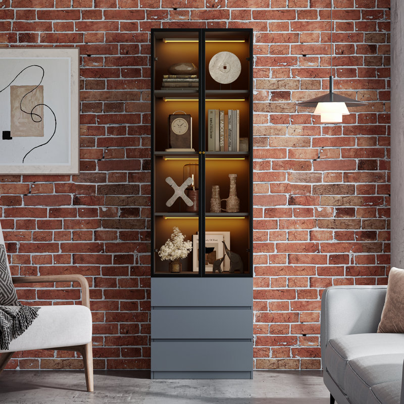 81 po H 81 po avec tablettes vitrées, porte vitrée, armoire de rangement en bois à 4 niveaux avec 3 tiroirs, vaisselier moderne pour le salon, la cuisine et la chambre à coucher