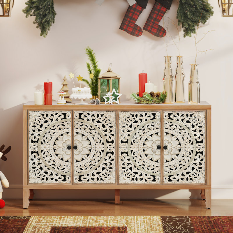 Buffet sculpté avec porte et pieds en bois massif, H 32,3 po x l 59,1 po x P 15,8 po, Naturel / brun / blanc