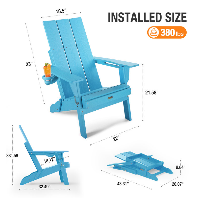 Chaises Adirondack pliantes en plastique HDPE avec porte-gobelet (deux ensembles), Bleu