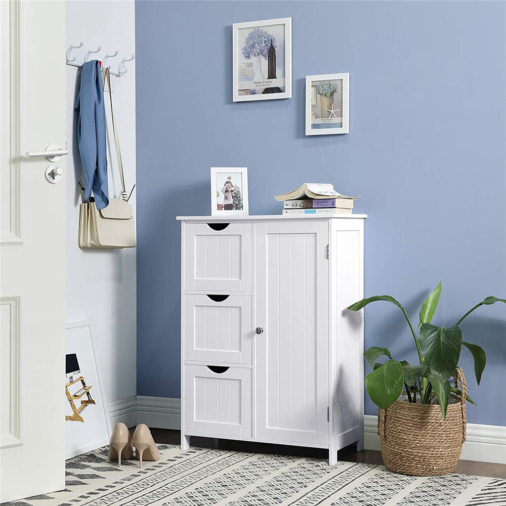 Bathroom Storage Cabinet, White Floor Cabinet with 3 Large Drawers and 1 Adjustable Shelf Red Barrel Studio