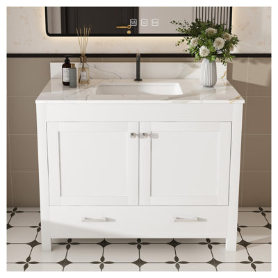 Meuble-lavabo moderne 43 po avec comptoir en marbre artificiel blanc et tiroirs à fermeture en douceur Modern