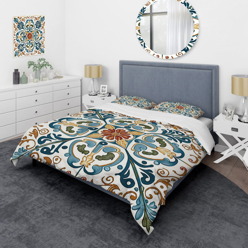 Ensemble de housse de couette en microfibre / polyester de style méditerranéen à carreaux rétro bleu VI