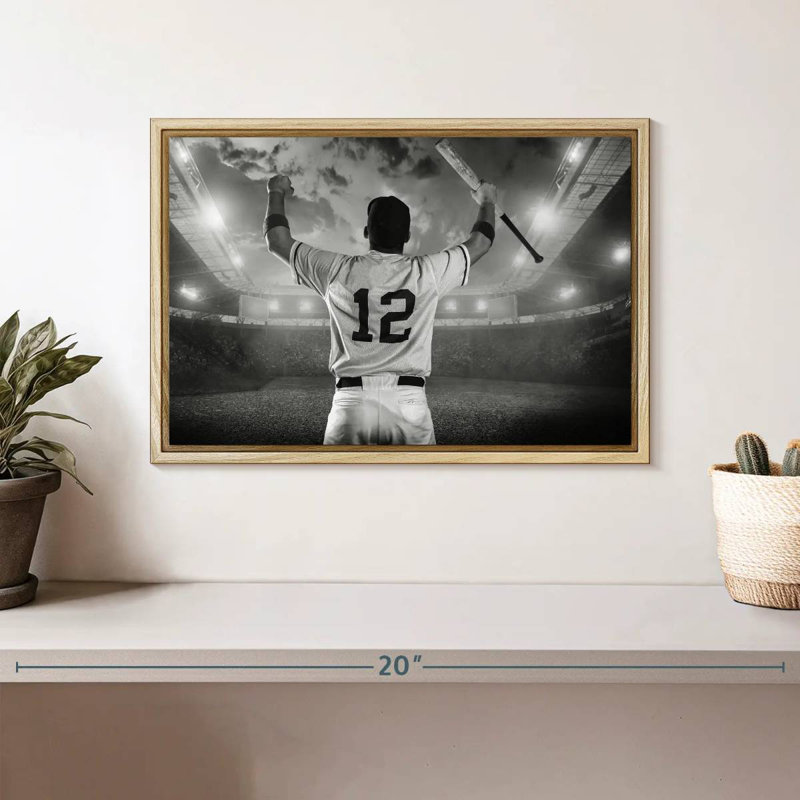 Joueur de baseball, Cadre flottant en bois naturel, 13 po x 9 po