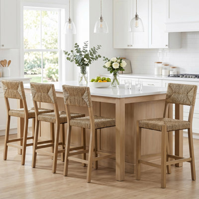 Cledia 21" Wide Rustic Farmhouse Mahogany Wood Ratten Seat Counter Stool