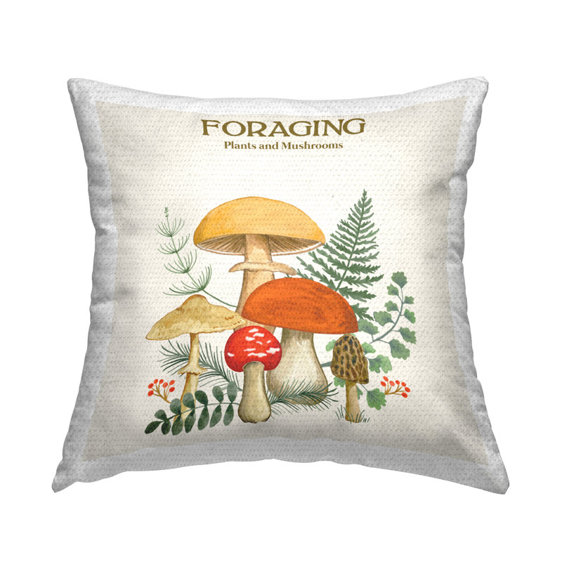 Vintage Foraging Mushrooms Printed Outdoor Throw Pillow Design by Sharon Lee