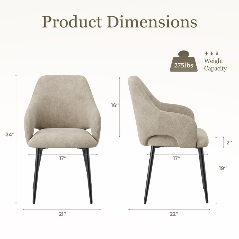 Modern Fabric Upholstered Dining ArmChair with Metal Legs, Ergonomic Back, Camel