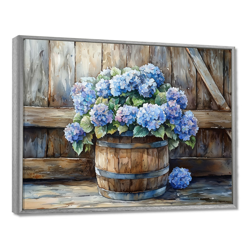Hortensias dans un tonneau en bois - Hydrangea, art mural encadré, Argent argent, H 34 po x l 44 po