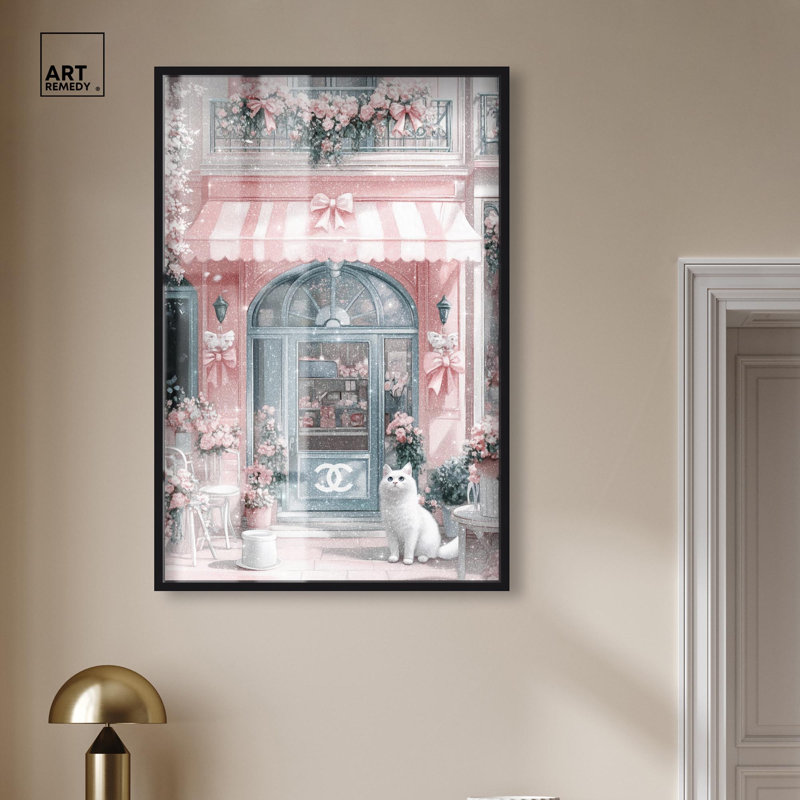 «Cat at the Bow Store Shadowbox Print Glam Art Prints» par Art Remedy, H 46 po x l 31 po, Noir