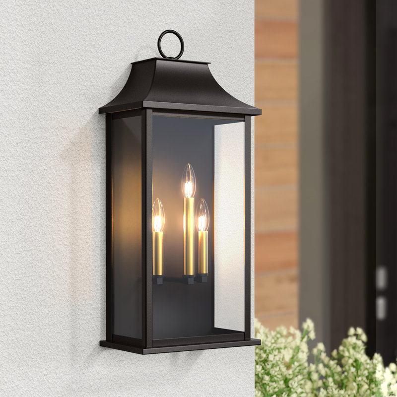 Wilcher 3-Light Dusk-to-Dawn Outdoor Wall Lantern, 25" H x 10" W x 8" D, Matte Black/Gold