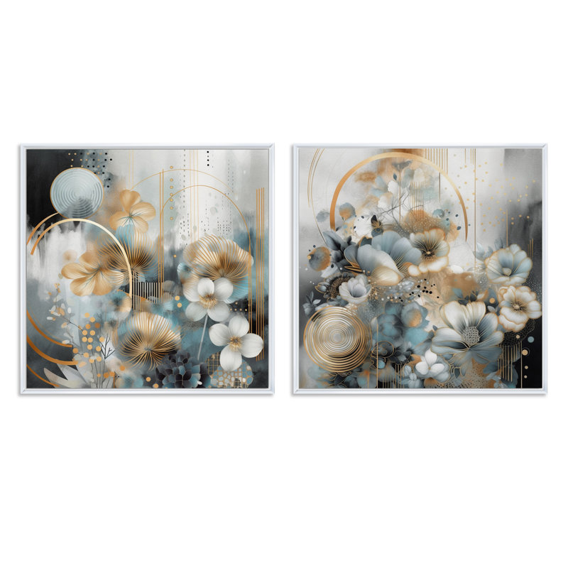 Golden Blue Silky Flower Design - Ensemble de 2 collages floraux carrés, Cadre flottant blanc, H 30 po x l 61 po