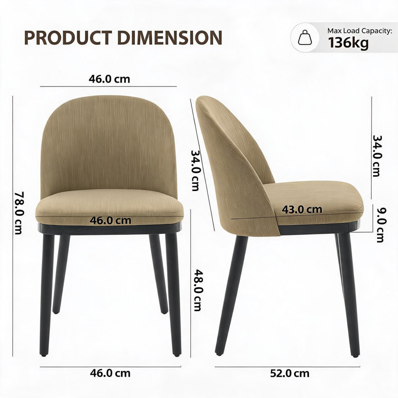 Dining Chair Set of 2, Linen Upholstered Kitchen Chair with Thick Cushions Seat and Curved Backrest, Modern Wood Frame Accent Chair with Adjustable Feet for Dining Room, Kitchen