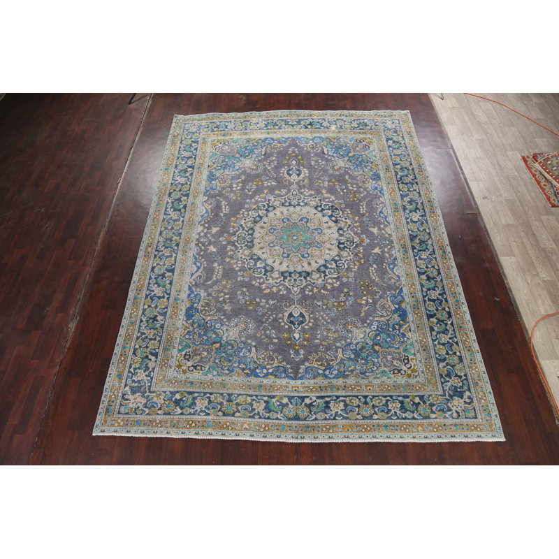 Tapis gris en laine noué à la main de conception unique 9 pi 6 po x 12 pi 7 po