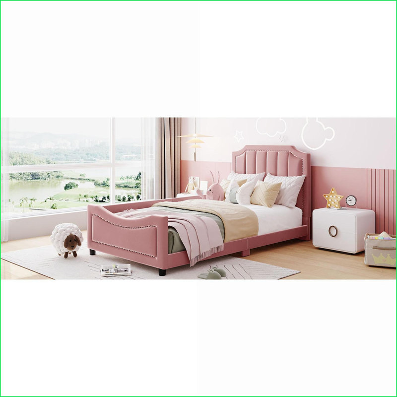 Twin Size Upholstered Platform Daybed with Classic Stripe Headboard, No Box Spring Needed, Pink - Pine Wood MDF Frame for Bedroom/Guest Room