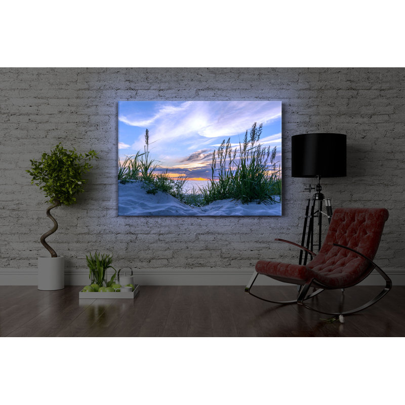 Grass On The Beach At Sunset by No - Wrapped Canvas Print, With lighting, 40cm H x 60cm W x 4.5cm D
